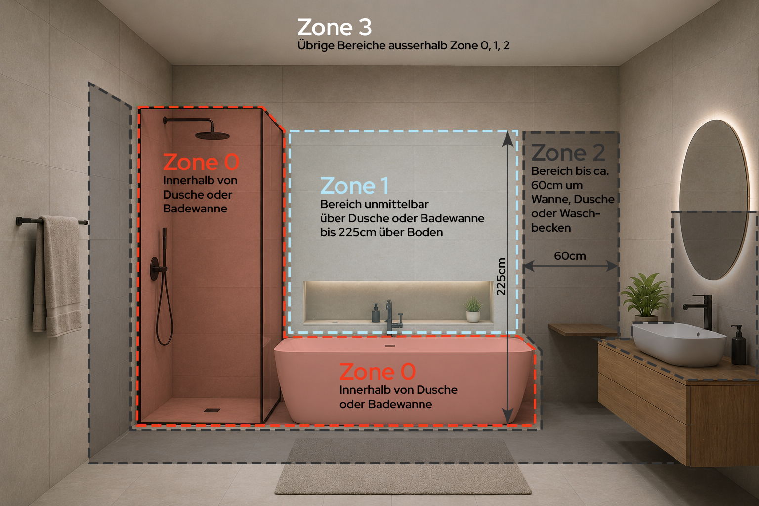 IP-Schutz Badezimmer Zonen für sichere Badbeleuchtung