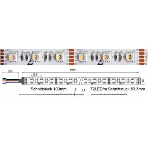 LED-Strip RGBW 24V 23W/m 72Leds/m 1000lm/m CRI90 - 2700K, 12mm