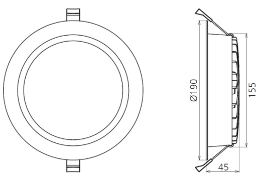DOWNLIGHT LED 18W, 90°, (A:Ø190-Loch:Ø160-170), 1900lm, CRI80, IP44, On/Off