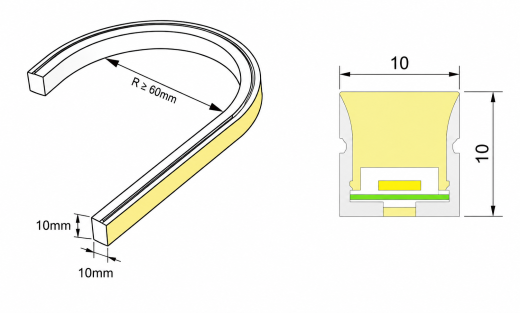 Neon FLEX T1010 vertikal biegbar (Top Bend) 24V 12W 140LED/m, cut=50mm, CRI90, 540lm, IP67