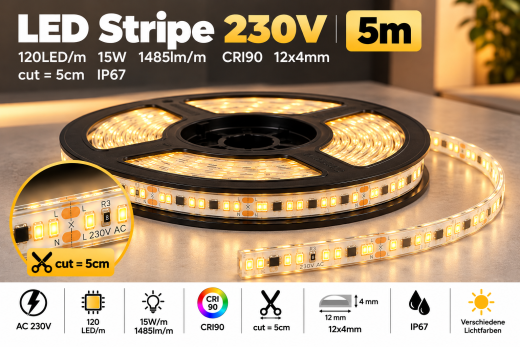 LED Stripe 230V 120LED/m 15W 1485lm/m CRI90 12x4mm cut=5cm IP67 3000K - 5m Rolle