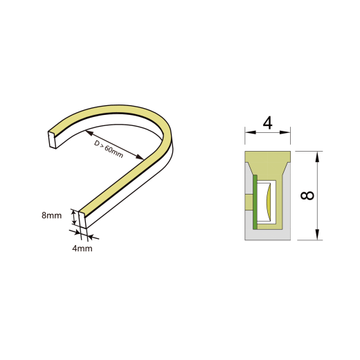 Neon FLEX T0408 horizontal biegbar (Side Bend) 24V 8W 210LED/m, cut=33.33mm, CRI90, 300lm, IP67