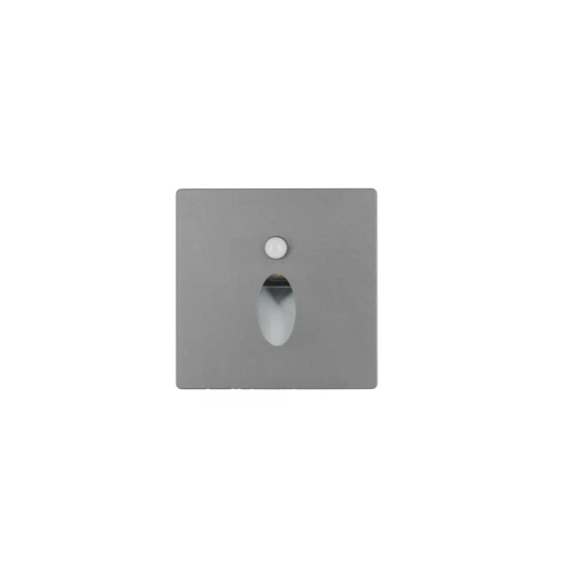 Wandeinbauleuchte LED 86×86mm, 1,6W, 3000K, CRI 90, PIR Tag/Nacht, IP65, engstrahlend, silbergrau