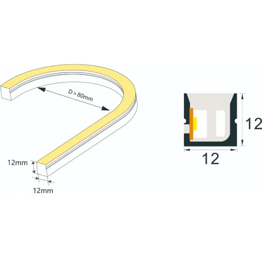 Neon FLEX T1212 horizontal biegbar (Side Bend) 24V 12W 120LED/m, cut=50mm, CRI90, 540lm, IP67 RGB