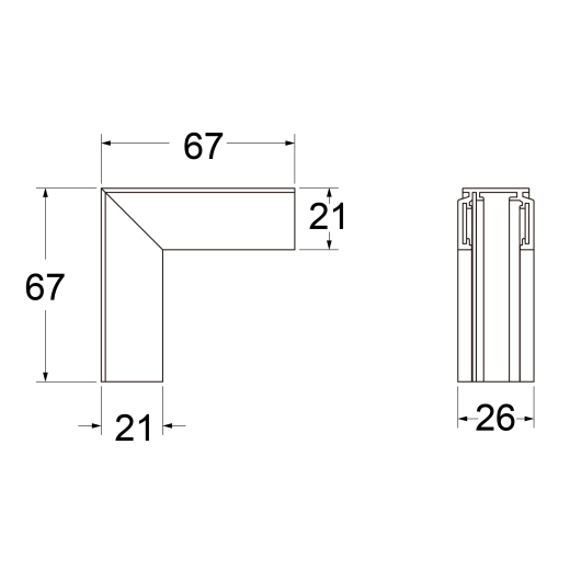 Eckstück 90° (starr) für Schienenprofil T1, nicht leitend, weiss oder schwarz