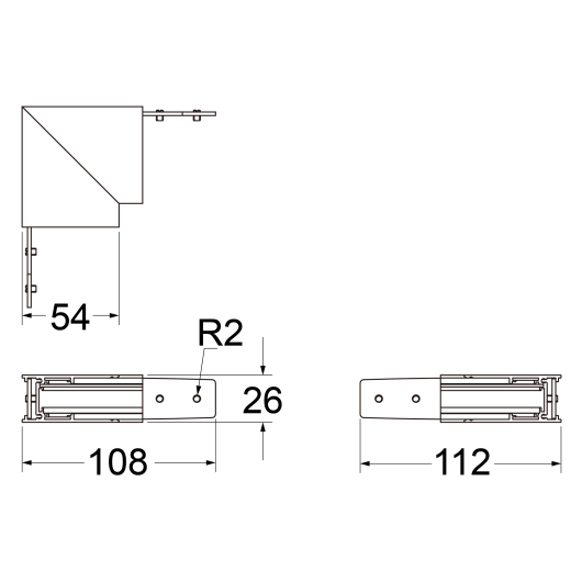Eckstück 90° (starr) mit Montagewinkel für Schienenprofil T2, nicht leitend, weiss oder schwarz
