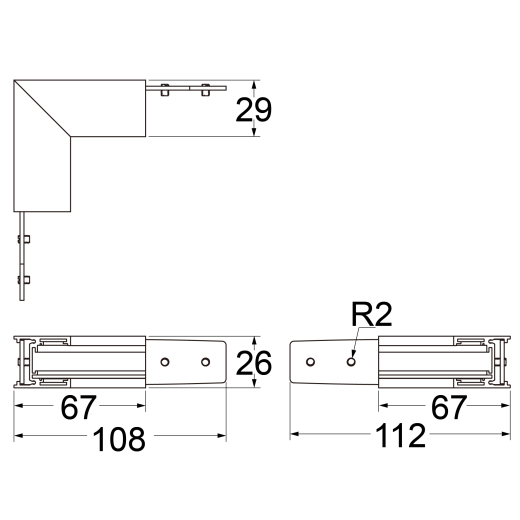 Eckstück 90° (starr) mit Montagewinkel für Schienenprofil T4, nicht leitend, weiss oder schwarz