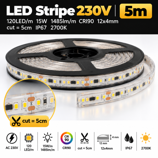 LED Stripe 230V 120LED/m 15W 1485lm/m CRI90 12x4mm cut=5cm IP67 2700K - 5m Rolle