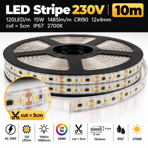 LED Stripe 230V 120LED/m 15W 1485lm/m CRI90 12x4mm cut=5cm IP67 2700K - 10m Rolle