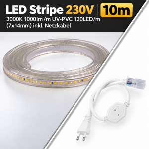 LED Stripe 230V 1000lm/m 10m UV-PVC 120LED/m (7x14mm) inkl. Netzkabel
