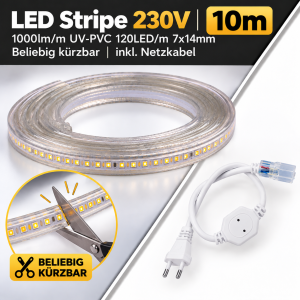 LED Stripe 230V 1000lm/m 10m UV-120LED/m 7x14mm (albitrary cutting) inkl. Netzkabel