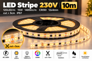 LED Stripe 230V 120LED/m 15W 1485lm/m CRI90 12x4mm cut=5cm IP67 3000K - 10m Rolle