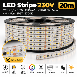 LED Stripe 230V 120LED/m 15W 1485lm/m CRI90 12x4mm cut=5cm IP67 2700K - 20m Rolle